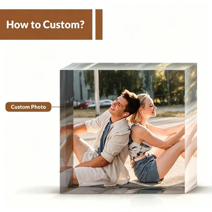 A Custom Acrylic Desktop Decoration with Personalized Photo Options, Including Artistic Images, Couple Portraits, and Family Pho