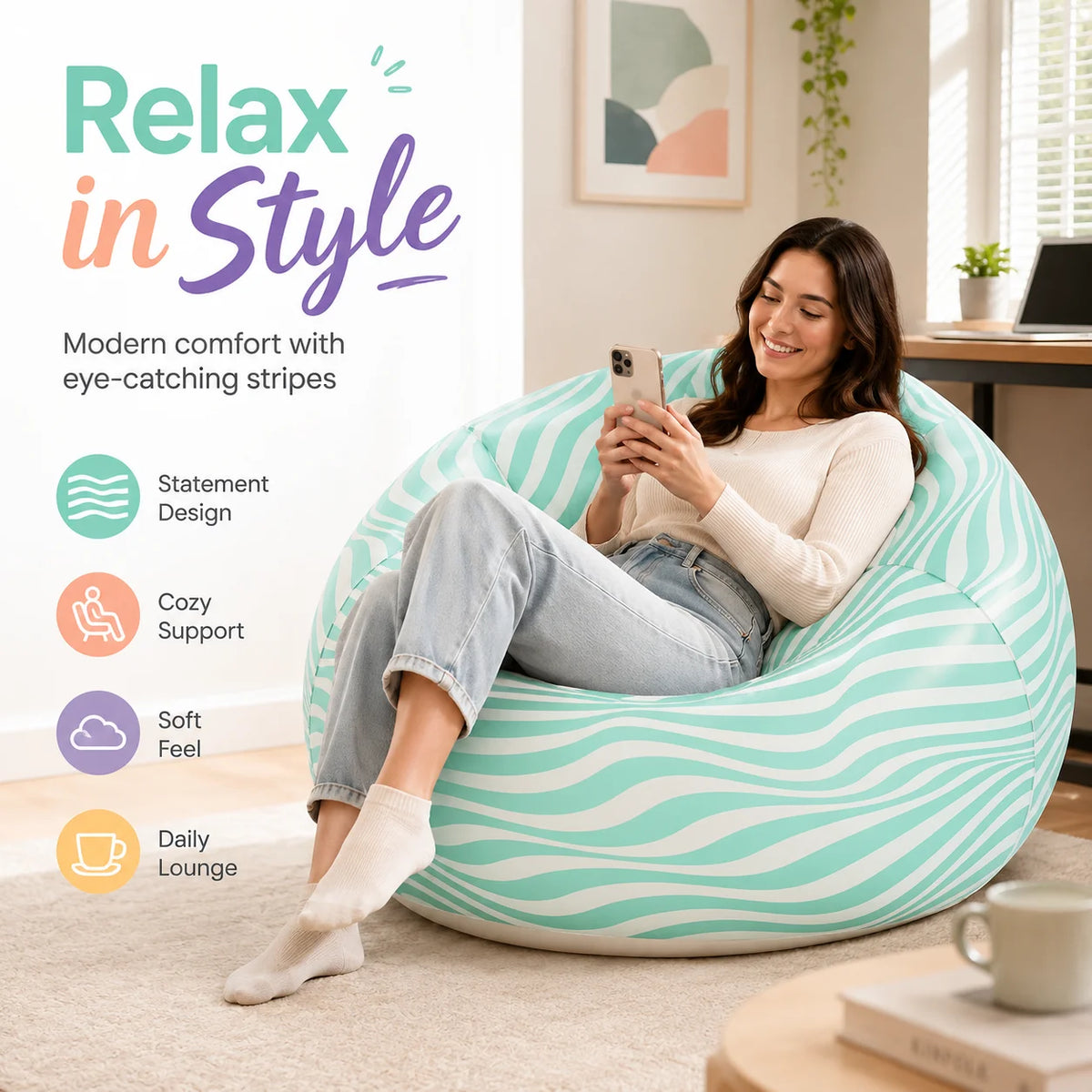 1PC Inflatable Bean Bag Chair, Air Sofa Striped Lounge Sofa, PVC Lazy Recliner Pool Float Indoor Outdoor Portable Waterproof