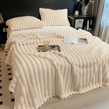 A Soft Cozy Faux Fur Rabbit Stripped Blanket, Warm and Thick for Bed, Sofa, Dormitory and Office, Versatile Use and Rich Colors