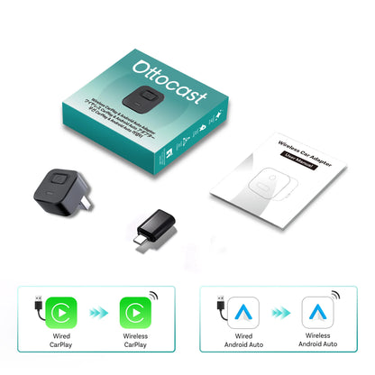 OTTOCAST Mini Dot Cube Wireless CarPlay Android Auto Adapter 2 in 1 USB AI Car Accessories for Totoya VW Benz Chevrolet Hyundai