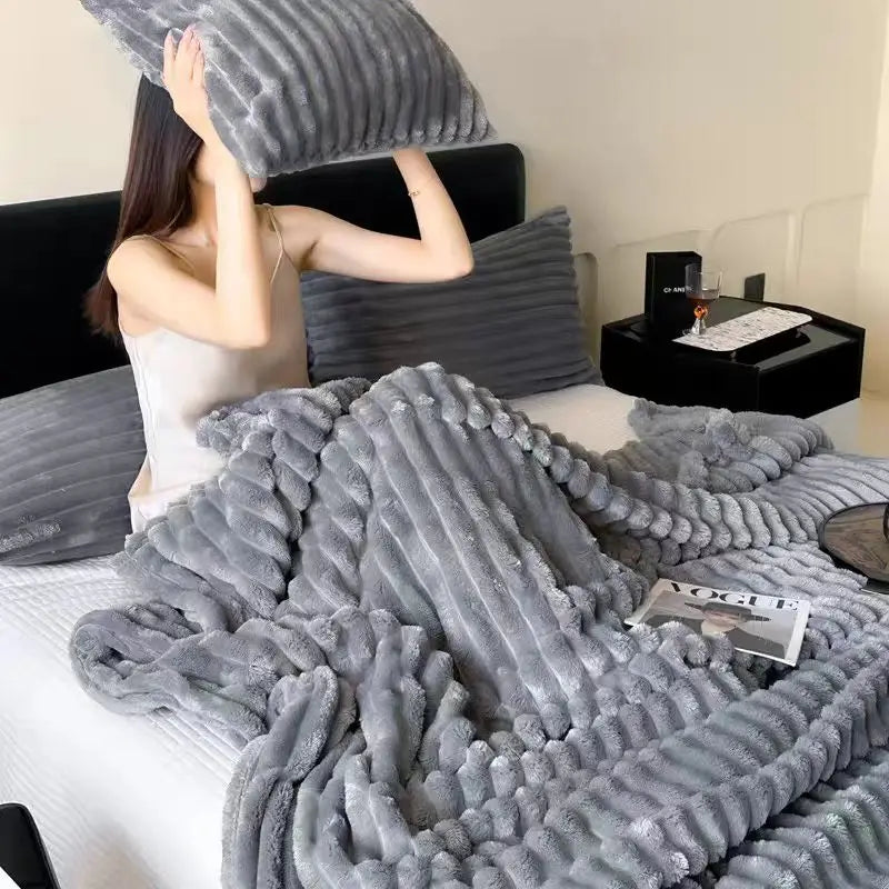 A Soft Cozy Faux Fur Rabbit Stripped Blanket, Warm and Thick for Bed, Sofa, Dormitory and Office, Versatile Use and Rich Colors