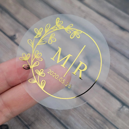 50pcs Custom Transparent Wedding Stickers, Square Transparent Stickers, Personalized Wedding Stickers with Gold Foil Labels