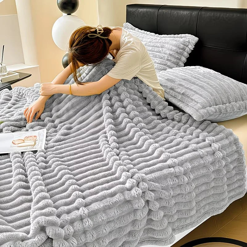 A Soft Cozy Faux Fur Rabbit Stripped Blanket, Warm and Thick for Bed, Sofa, Dormitory and Office, Versatile Use and Rich Colors
