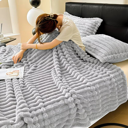 A Soft Cozy Faux Fur Rabbit Stripped Blanket, Warm and Thick for Bed, Sofa, Dormitory and Office, Versatile Use and Rich Colors