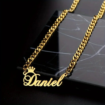 Crown Nameplate Cuban Chain Necklace, Stylish Personalized Name Jewelry Gift for Her and Him
