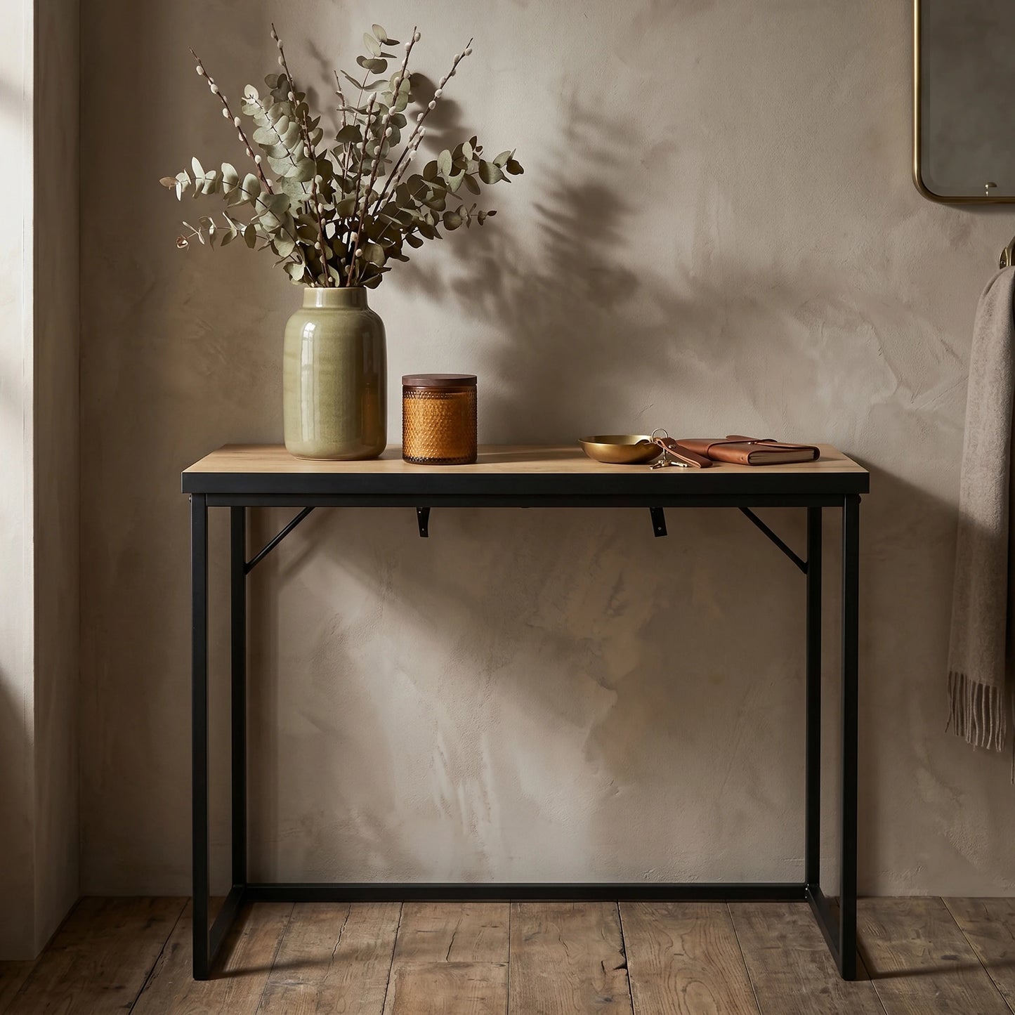 Loft-style console table ORIGO 90 cm Craft Oak with black legs