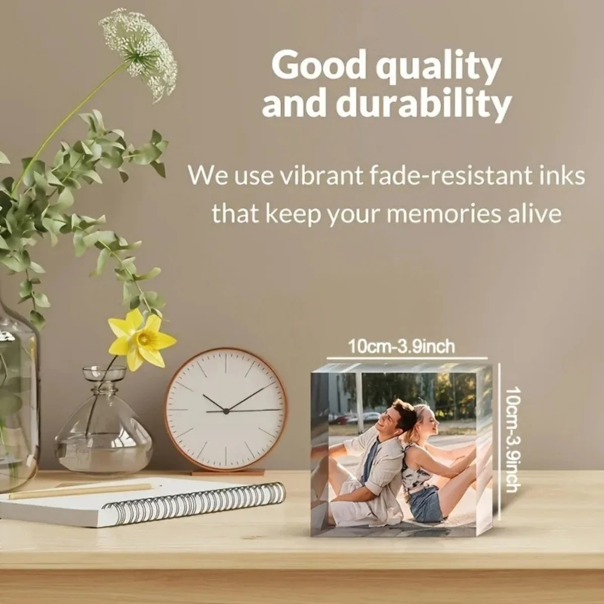 A Custom Acrylic Desktop Decoration with Personalized Photo Options, Including Artistic Images, Couple Portraits, and Family Pho