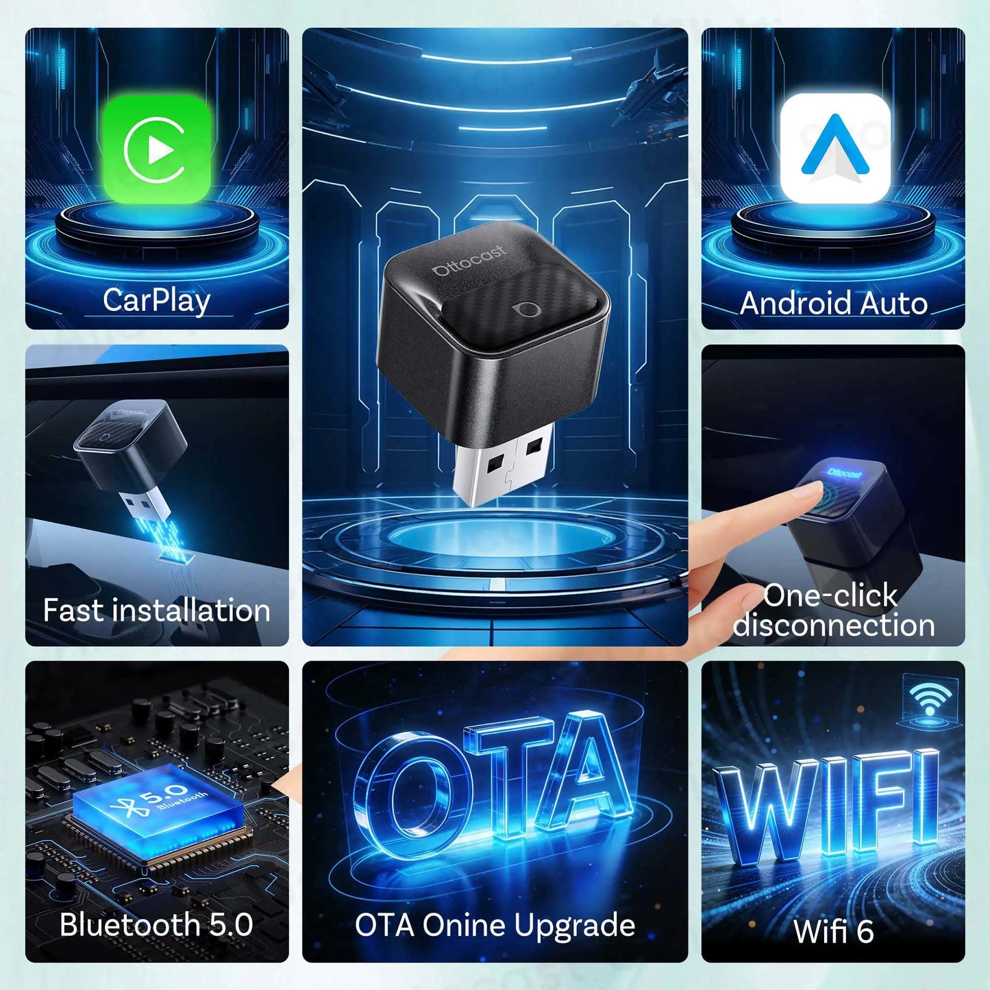 OTTOCAST Wired Wireless Android Auto CarPlay Mini Core Adapter Tiny Cube Dongle for Buick Cadillac Chevrolet Ford Hyundai Lada