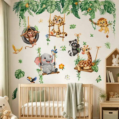 Jungle Animals Wall Stickers for Kids Room, Safari Monkey Giraffe Elephant Lion Wall Decals, Peel and Stick Nursery Wall Decor