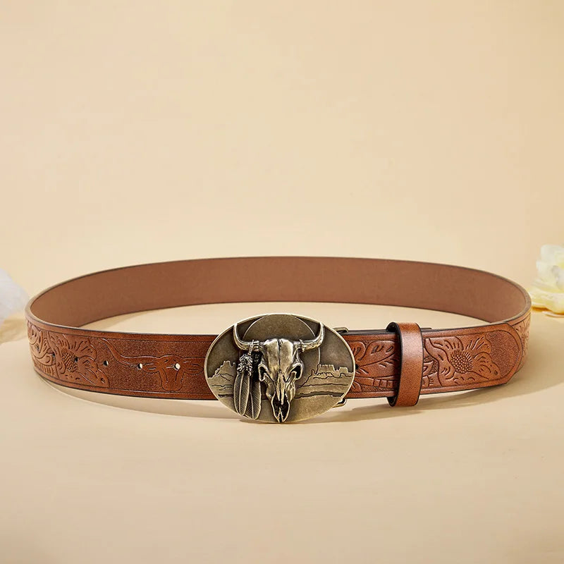 Western Cowboy PU Leather Belt - Men Waist Strap Bull Decoration Floral Engraved for Jeans
