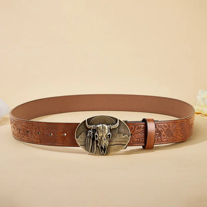 Western Cowboy PU Leather Belt - Men Waist Strap Bull Decoration Floral Engraved for Jeans
