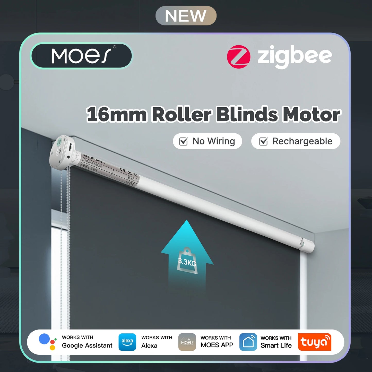 MOES Tuya Zigbee Smart Roller Blinds Motor 16mm Chargeable Window Shades Curtain For 17/25/28mm Tube Work with Alexa Google Home