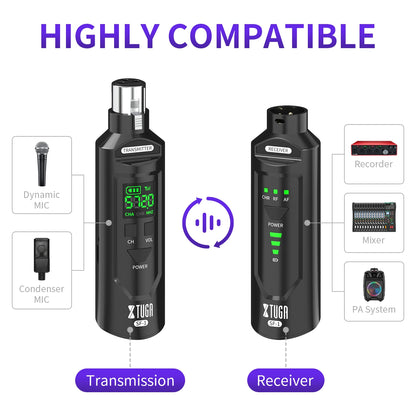 XTUGA UHF Professional Microphone Wireless Converter XLR Recharge Transmitter Receiver for Dynamic/Condenser Mic Audio Mixer
