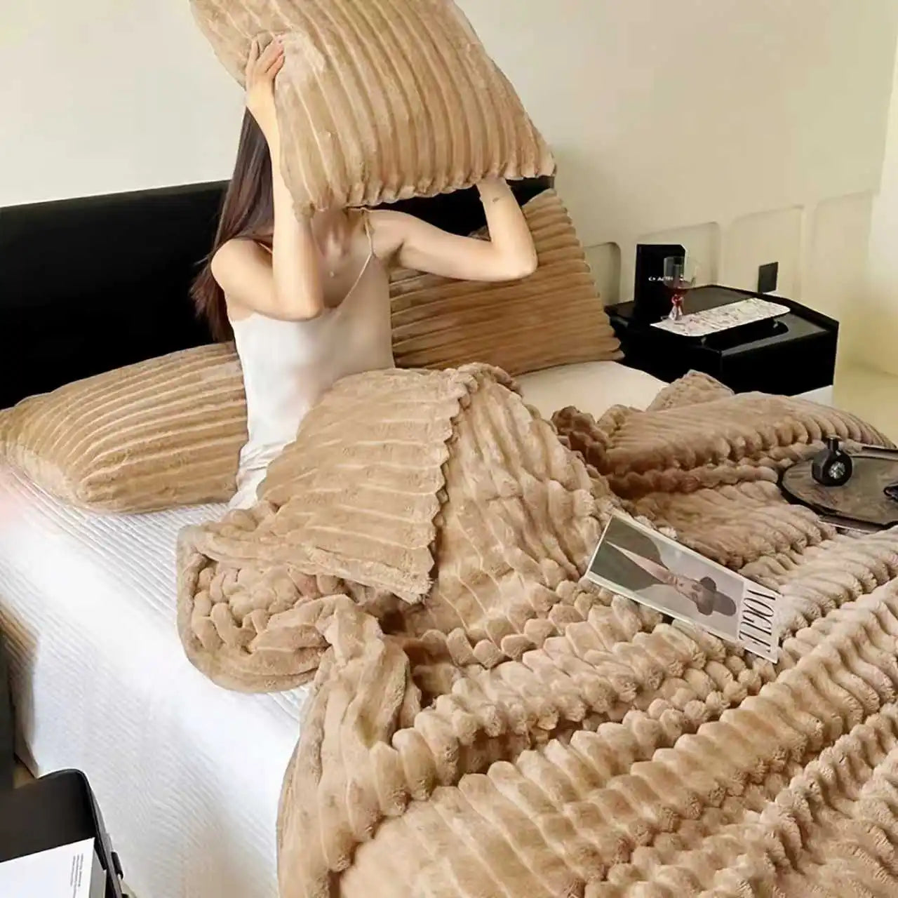A Soft Cozy Faux Fur Rabbit Stripped Blanket, Warm and Thick for Bed, Sofa, Dormitory and Office, Versatile Use and Rich Colors
