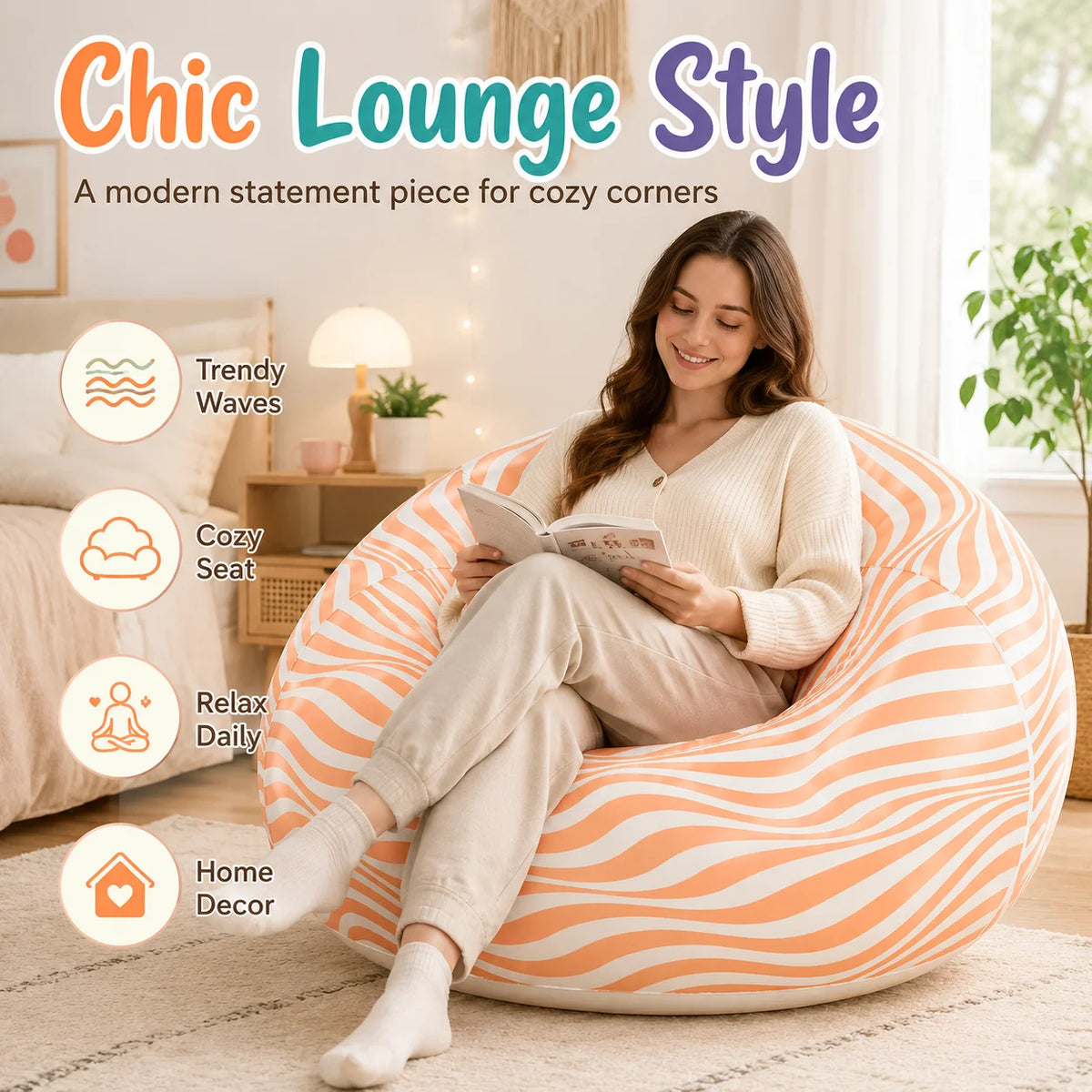 1PC Inflatable Bean Bag Chair, Air Sofa Striped Lounge Sofa, PVC Lazy Recliner Pool Float Indoor Outdoor Portable Waterproof