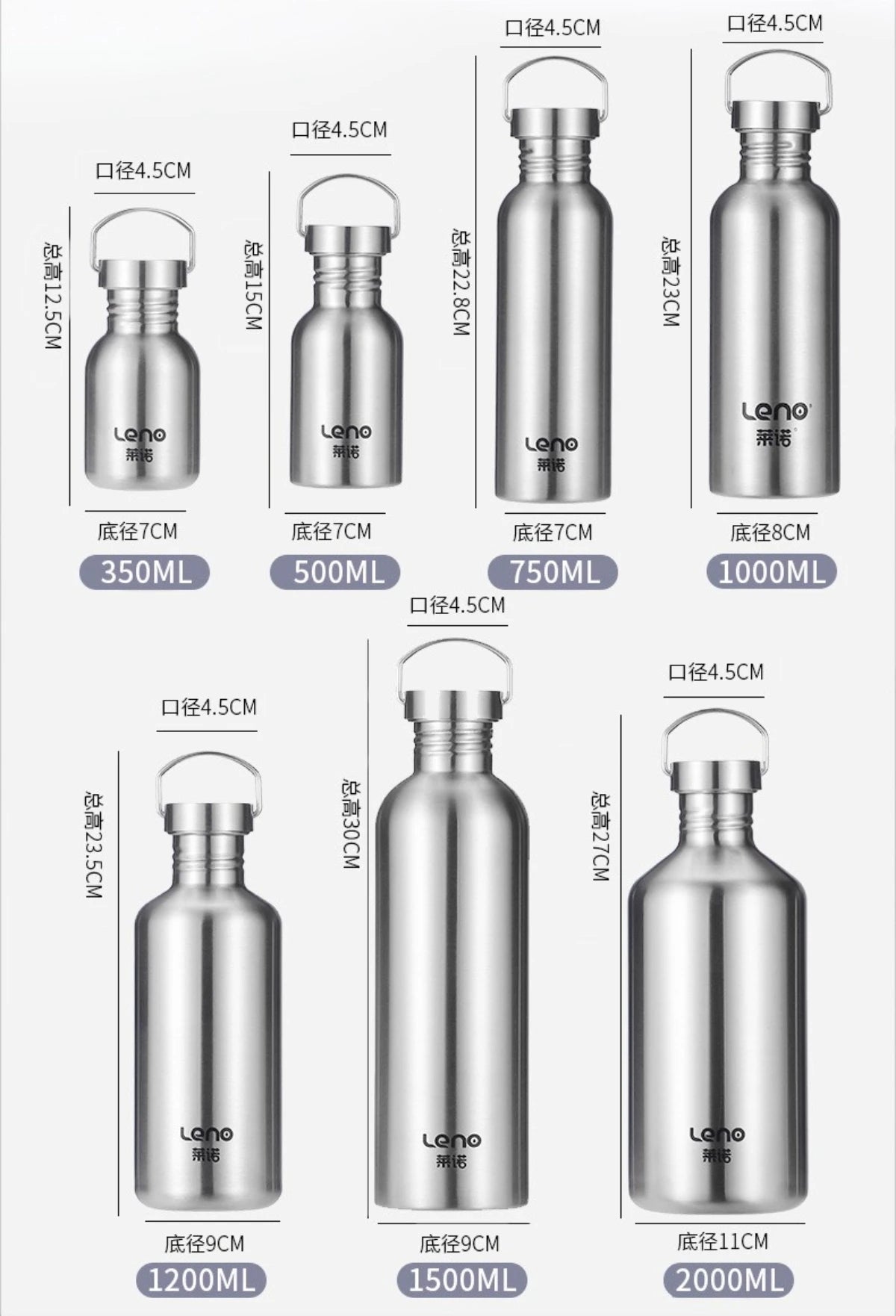 350-2000ml Stainless Steel Water Bottle Single Wall Metal Bottle for Camping Hiking Cycling Outdoor Sports Reusable Bottle