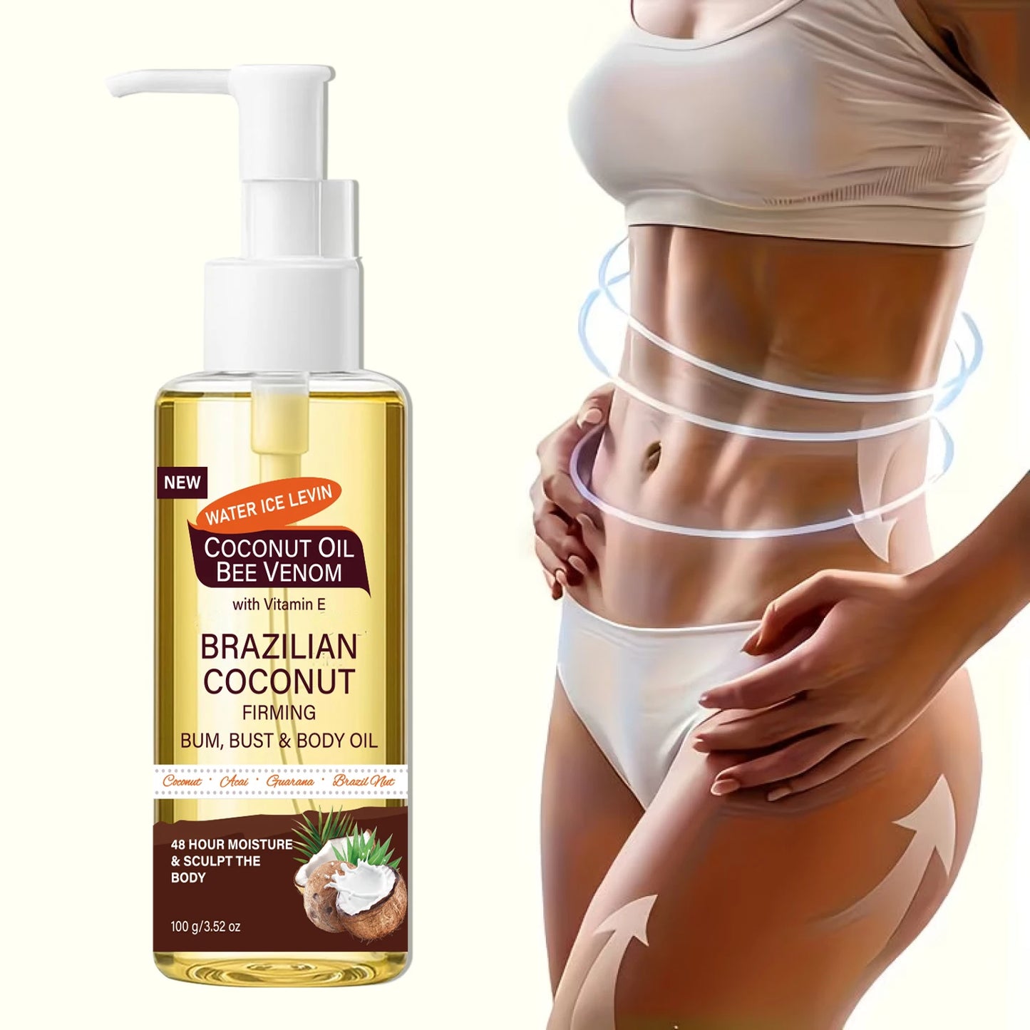 Brazilian Coconut Firming Body Oil, 48H Moisture & Sculpting with Acai, Guarana & Hyaluronic Acid for Bum & Bust