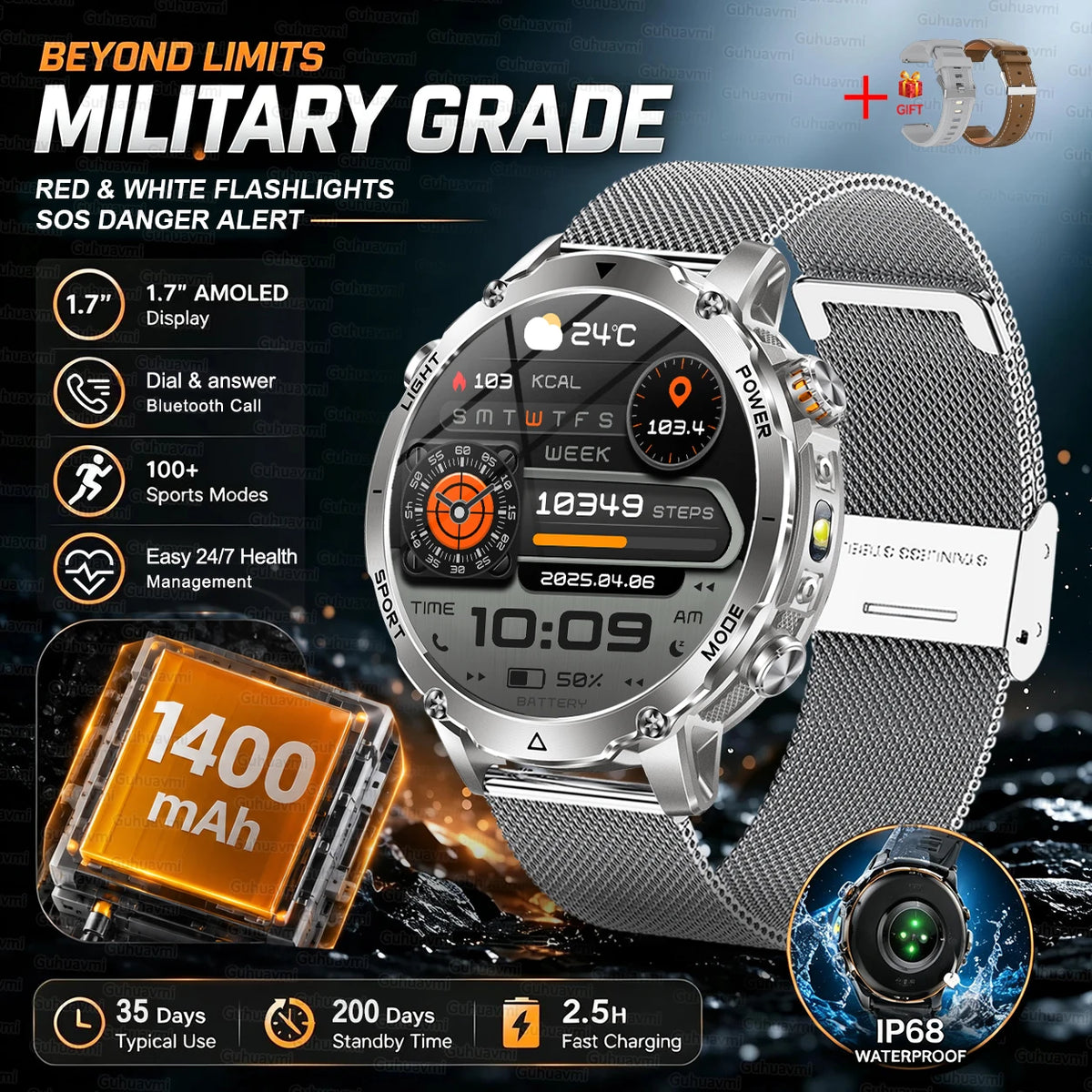 2026 T-REX PRO Hiking GPS Smart Watch 1400mAh 1.7"HD Display 10ATM Waterproof Dual SOS LED Flashlight BT Call Smartbracelet  Men