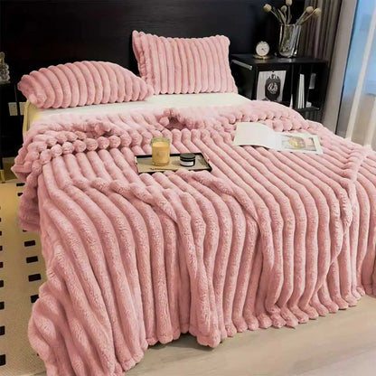 A Soft Cozy Faux Fur Rabbit Stripped Blanket, Warm and Thick for Bed, Sofa, Dormitory and Office, Versatile Use and Rich Colors
