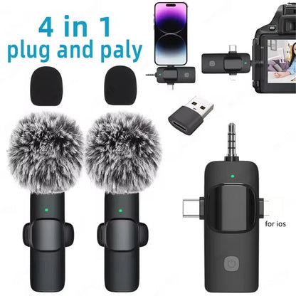 Professional 4 In 1 Wireless Lavalier Microphone for iPhone Android 3.5mm for Radio Live Recording Noise Reduction Mini Microph