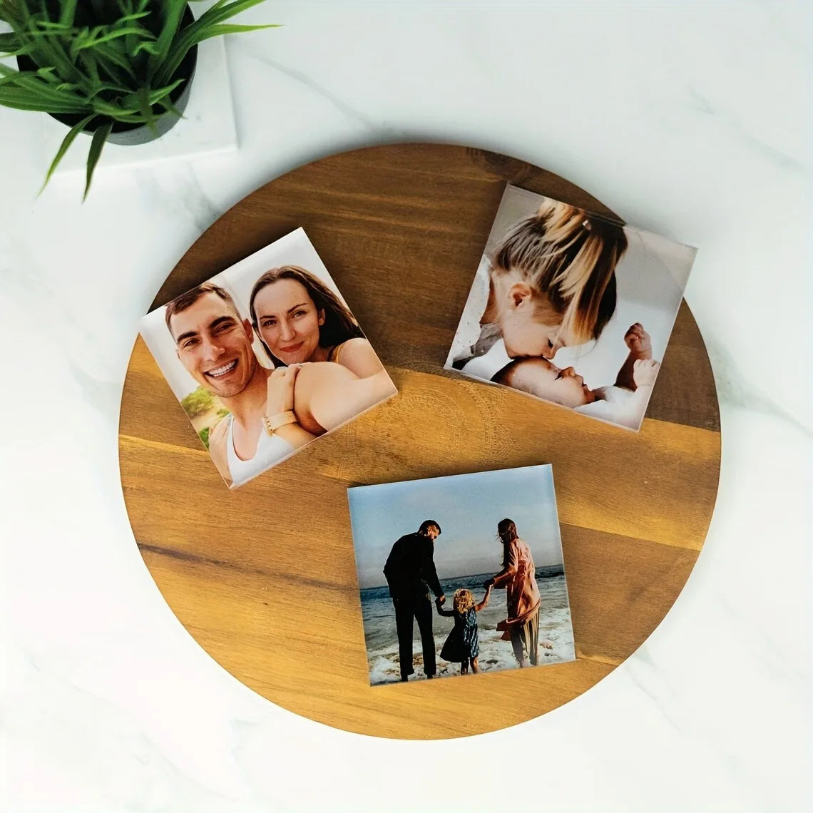 A Custom Acrylic Desktop Decoration with Personalized Photo Options, Including Artistic Images, Couple Portraits, and Family Pho