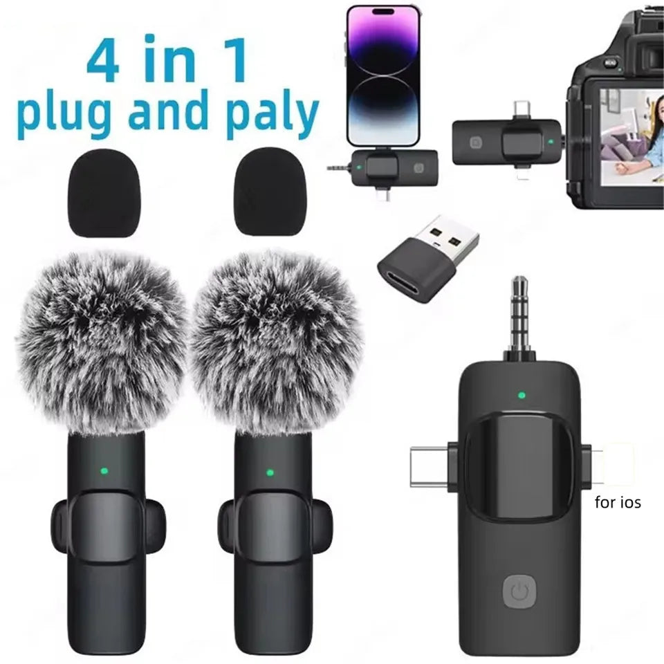 Professional 4 In 1 Wireless Lavalier Microphone for iPhone Android 3.5mm for Radio Live Recording Noise Reduction Mini Microph