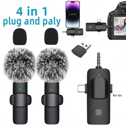 Professional 4 In 1 Wireless Lavalier Microphone for iPhone Android 3.5mm for Radio Live Recording Noise Reduction Mini Microph