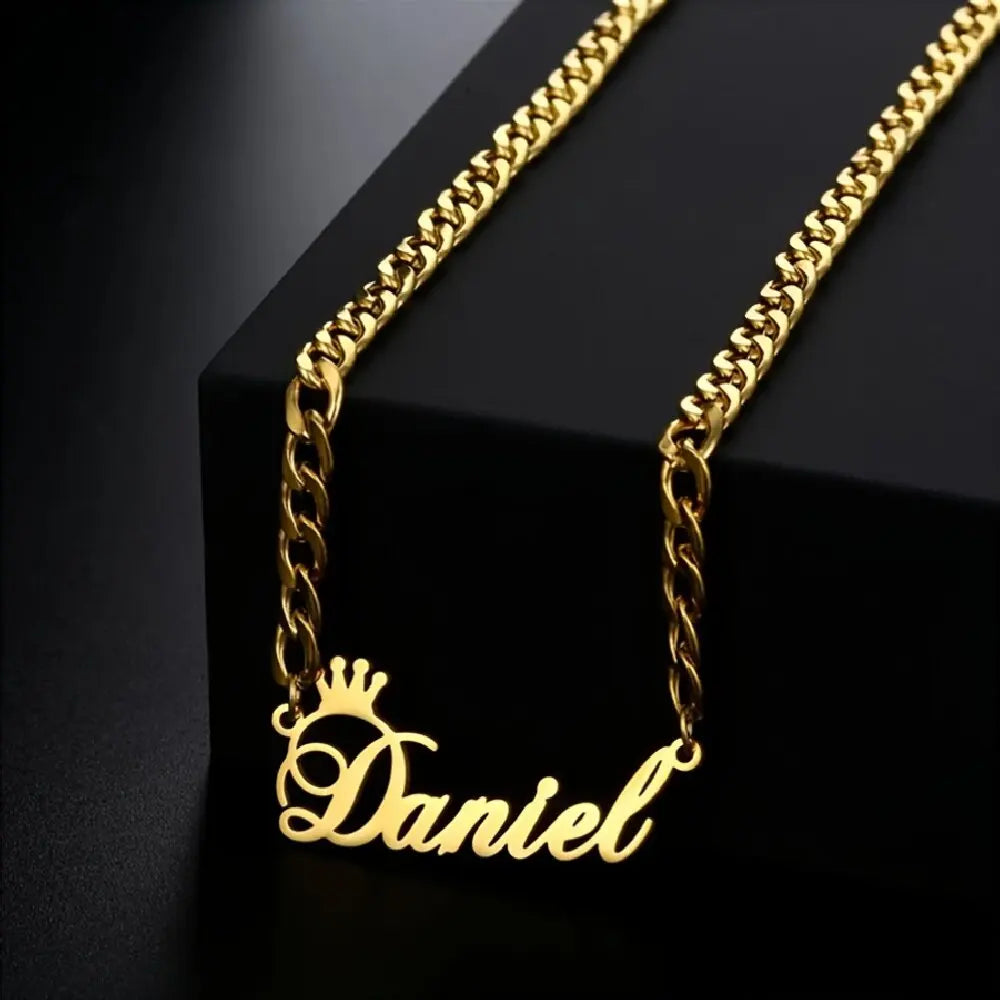 Crown Nameplate Cuban Chain Necklace, Stylish Personalized Name Jewelry Gift for Her and Him