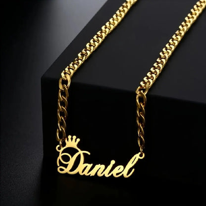 Crown Nameplate Cuban Chain Necklace, Stylish Personalized Name Jewelry Gift for Her and Him