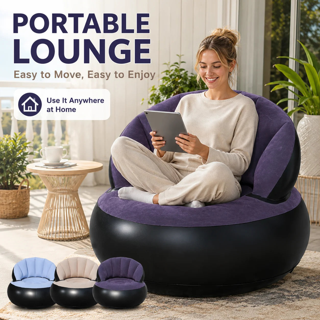 1PC Inflatable Sofa Chair with Air Pump, Thickened Flocking Air Lounge Chair Portable Lazy Bean Bag Air Couch for Living Roo