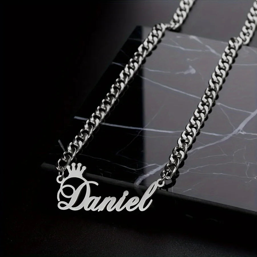 Crown Nameplate Cuban Chain Necklace, Stylish Personalized Name Jewelry Gift for Her and Him
