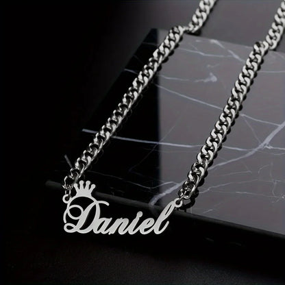 Crown Nameplate Cuban Chain Necklace, Stylish Personalized Name Jewelry Gift for Her and Him