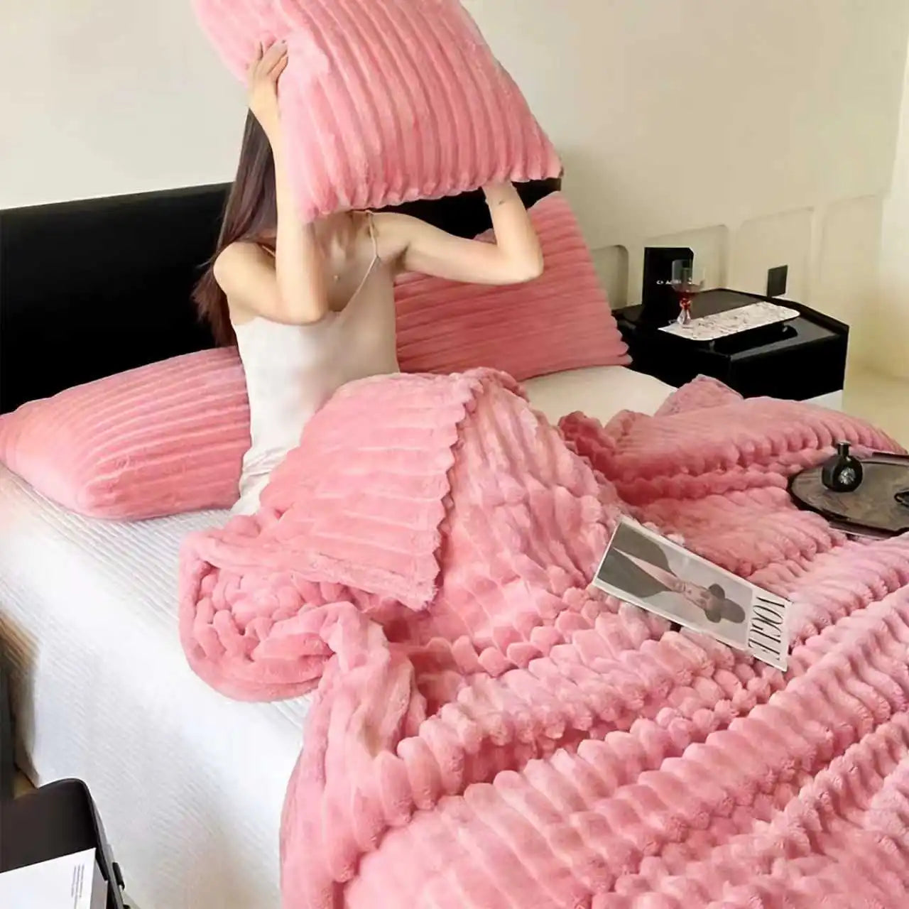 A Soft Cozy Faux Fur Rabbit Stripped Blanket, Warm and Thick for Bed, Sofa, Dormitory and Office, Versatile Use and Rich Colors