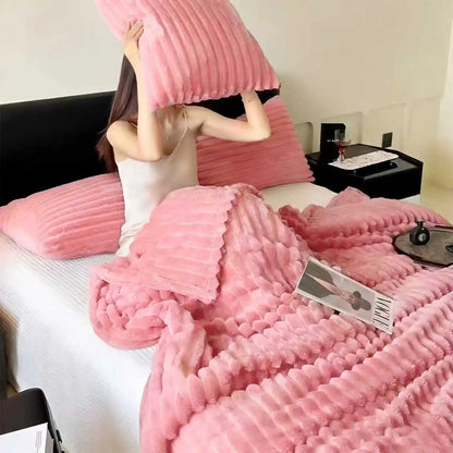 A Soft Cozy Faux Fur Rabbit Stripped Blanket, Warm and Thick for Bed, Sofa, Dormitory and Office, Versatile Use and Rich Colors