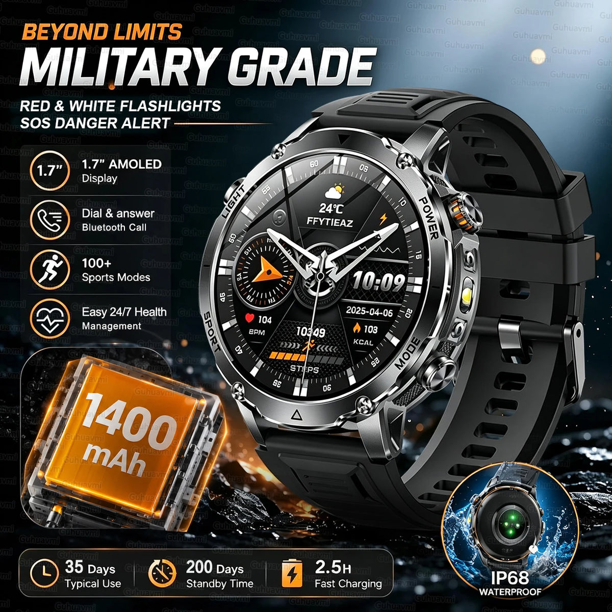2026 T-REX PRO Hiking GPS Smart Watch 1400mAh 1.7"HD Display 10ATM Waterproof Dual SOS LED Flashlight BT Call Smartbracelet  Men