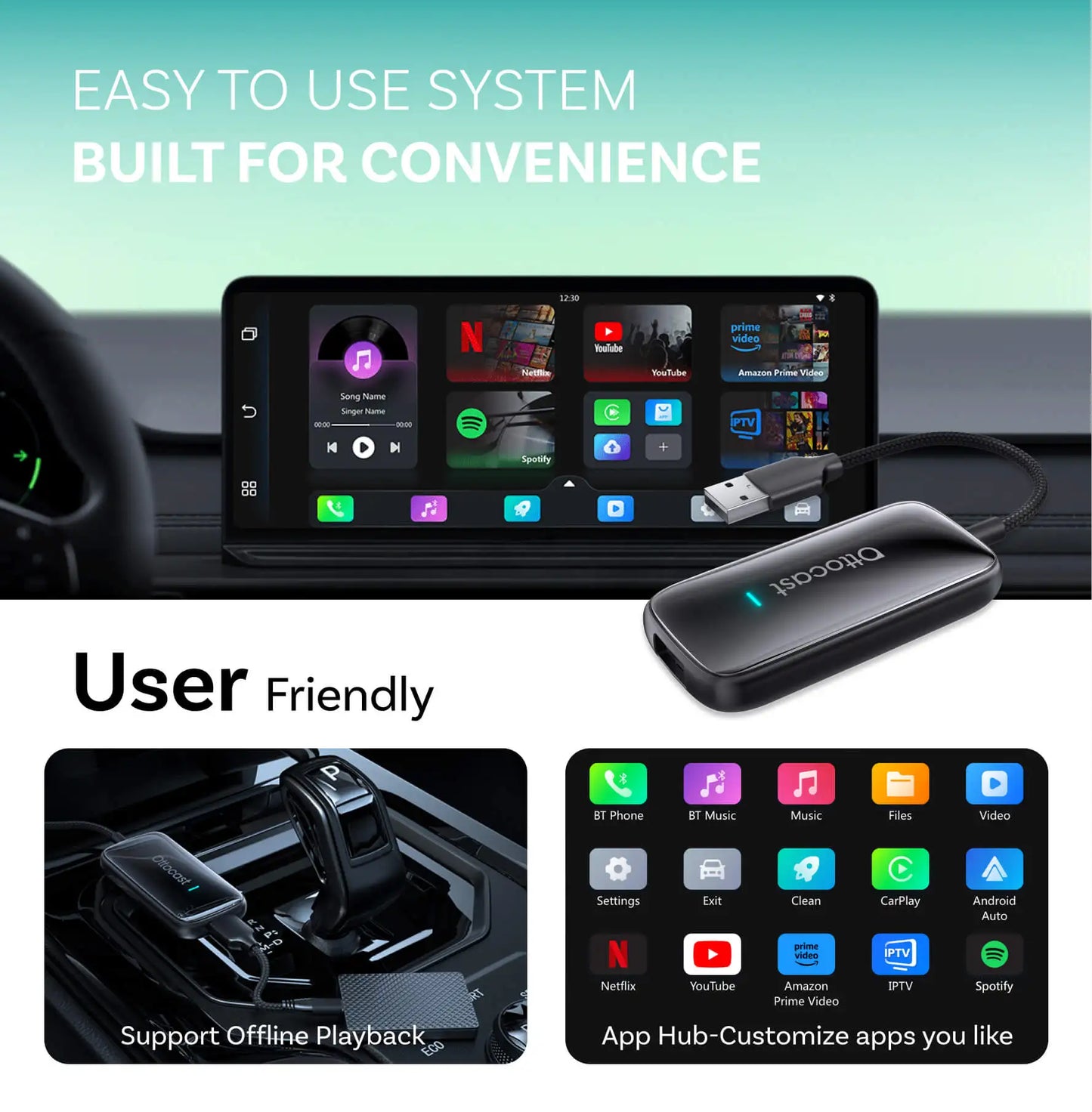 OTTOCAST Play2Video Ultra Wireless CarPlay Android Auto Adapter for Youtube Netflix Car Accessories for Benz Ford VW Kia Toyota