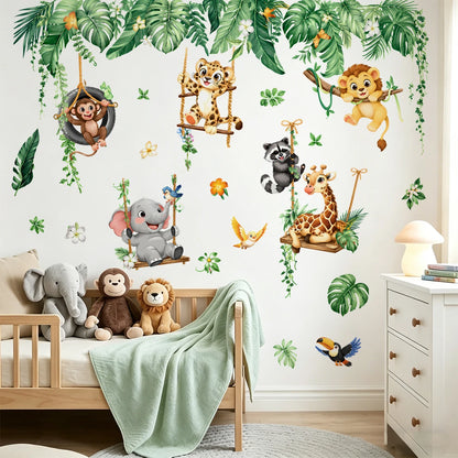 Jungle Animals Wall Stickers for Kids Room, Safari Monkey Giraffe Elephant Lion Wall Decals, Peel and Stick Nursery Wall Decor