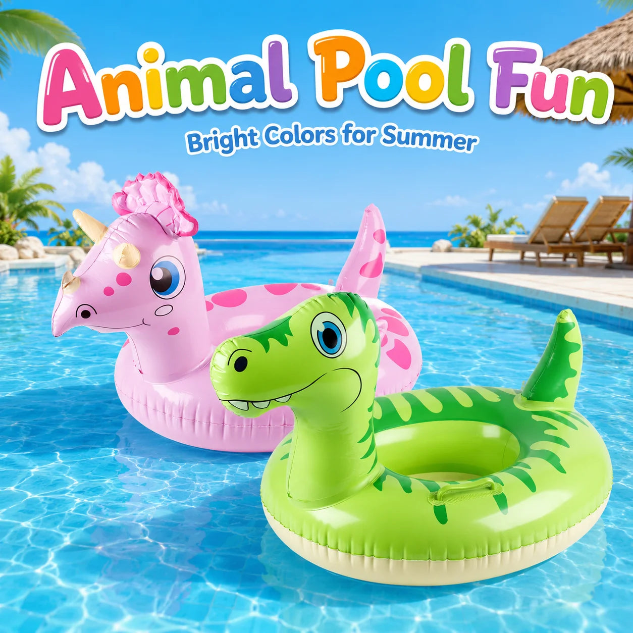 1PC Inflatable Animal Pool Float, Dinosaur Unicorn Swim Ring with Handle, Summer Water Toy Swimming Pool Accessories