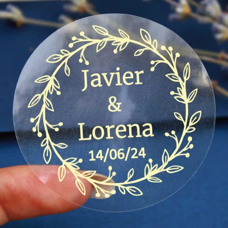 50pcs Custom Transparent Wedding Stickers, Square Transparent Stickers, Personalized Wedding Stickers with Gold Foil Labels