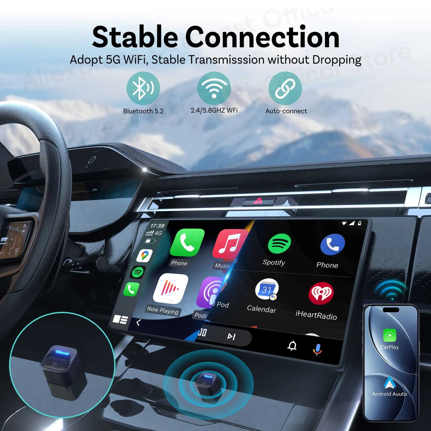 OTTOCAST Wired Wireless Android Auto CarPlay Mini Core Adapter Tiny Cube Dongle for Buick Cadillac Chevrolet Ford Hyundai Lada