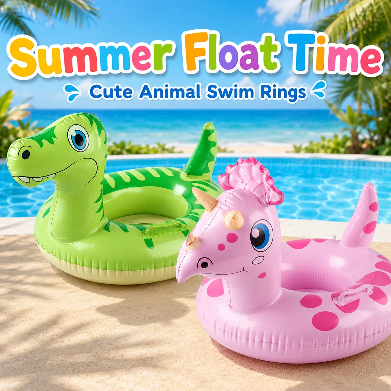 1PC Inflatable Animal Pool Float, Dinosaur Unicorn Swim Ring with Handle, Summer Water Toy Swimming Pool Accessories