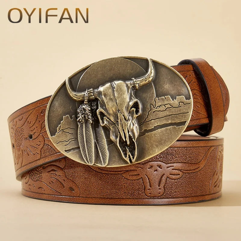 Western Cowboy PU Leather Belt - Men Waist Strap Bull Decoration Floral Engraved for Jeans