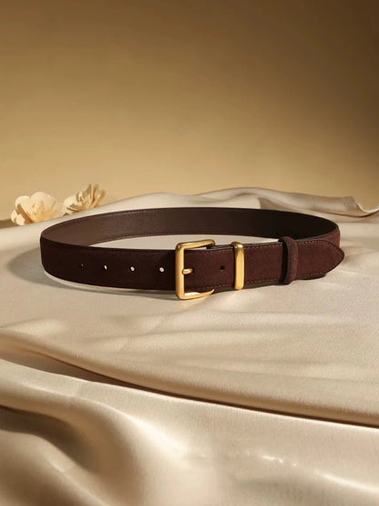Luxury Suede Cowhide Leather Belt for Women, Vintage Style with Gold Buckle, 3.3cm Wide Waistband for Dresses & Jeans