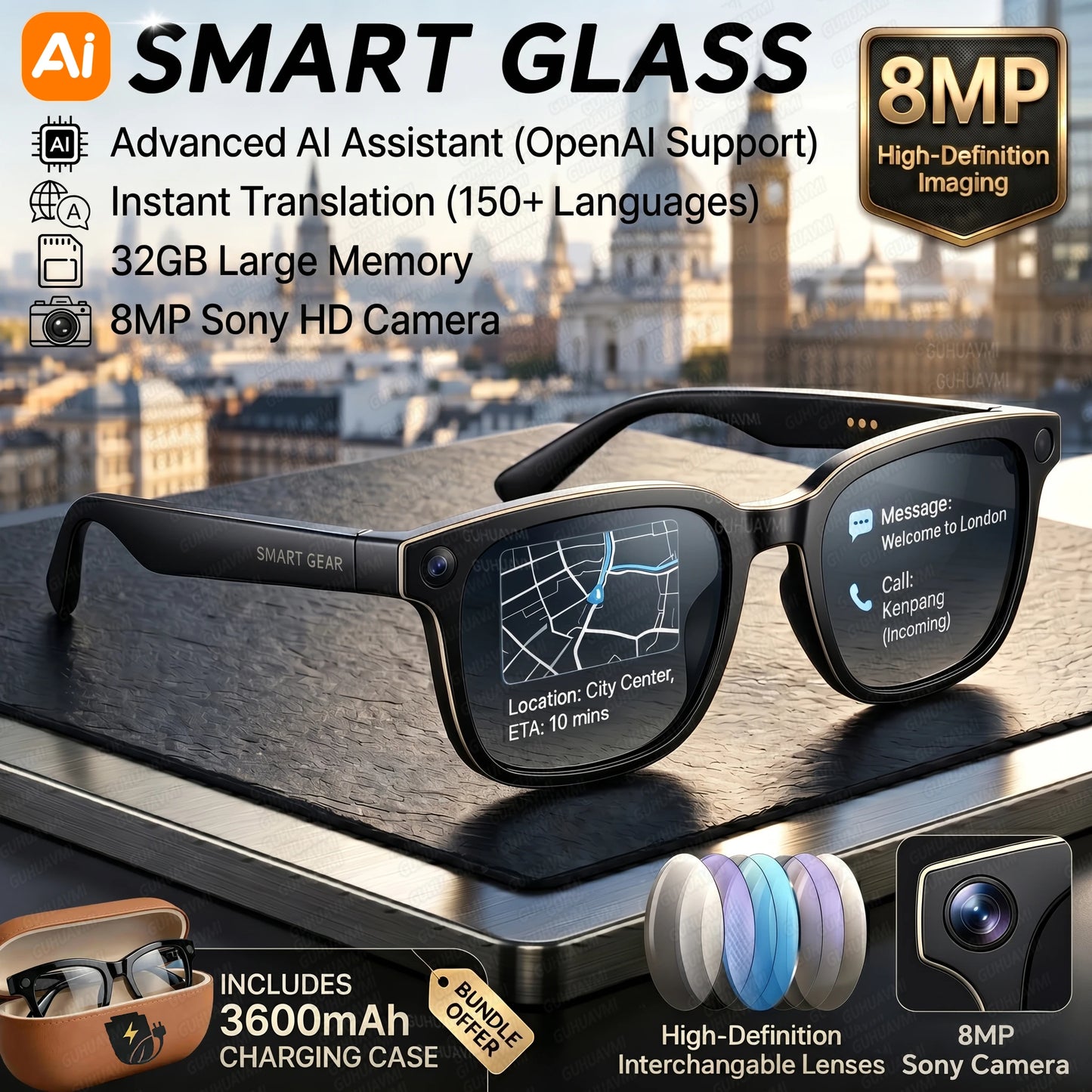 2026Nowe okulary AI z kamerą 8MP 4K HD Męskie 3600mAh Power Bank Pamięć 32G Okulary tłumaczące 160+ Wodoodporne inteligentne okulary przeciwsłoneczne Damskie