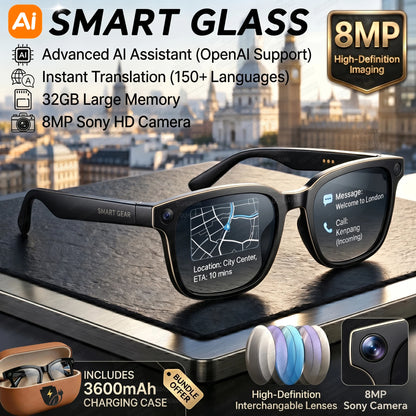 2026Nowe okulary AI z kamerą 8MP 4K HD Męskie 3600mAh Power Bank Pamięć 32G Okulary tłumaczące 160+ Wodoodporne inteligentne okulary przeciwsłoneczne Damskie