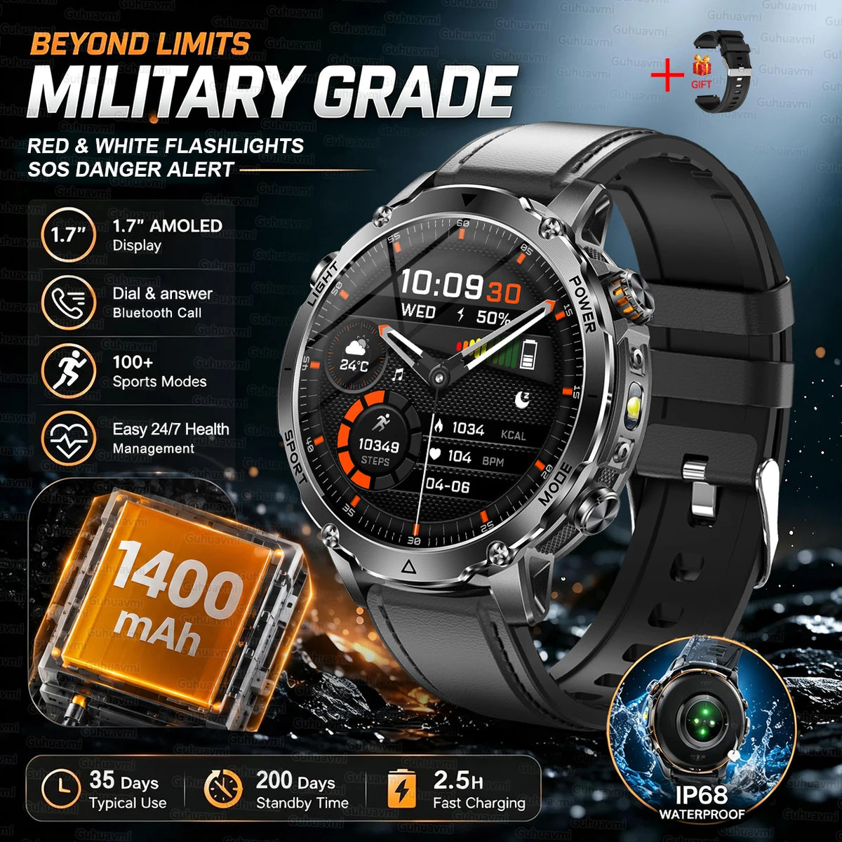 2026 T-REX PRO Hiking GPS Smart Watch 1400mAh 1.7"HD Display 10ATM Waterproof Dual SOS LED Flashlight BT Call Smartbracelet  Men