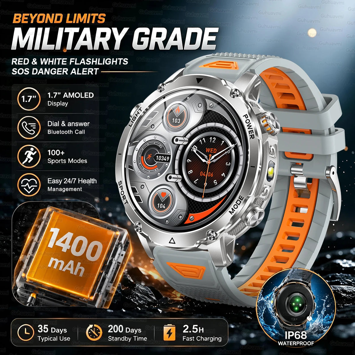 2026 T-REX PRO Hiking GPS Smart Watch 1400mAh 1.7"HD Display 10ATM Waterproof Dual SOS LED Flashlight BT Call Smartbracelet  Men