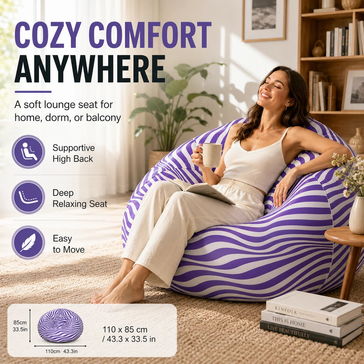 1PC Inflatable Bean Bag Chair, Air Sofa Striped Lounge Sofa, PVC Lazy Recliner Pool Float Indoor Outdoor Portable Waterproof