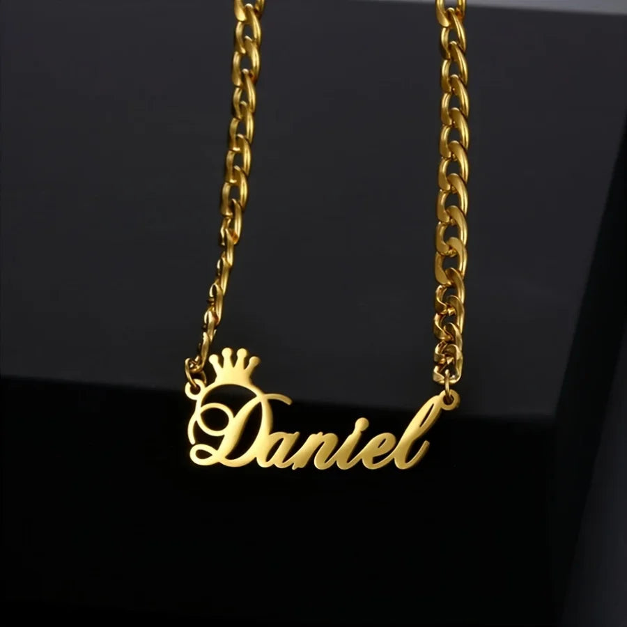 Crown Nameplate Cuban Chain Necklace, Stylish Personalized Name Jewelry Gift for Her and Him
