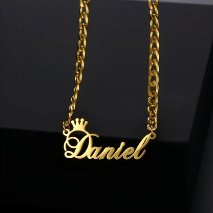 Crown Nameplate Cuban Chain Necklace, Stylish Personalized Name Jewelry Gift for Her and Him